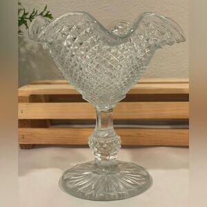 Vintage Clear Glass Diamond Point English Hobnail Pattern Compote w Fluted Rim.